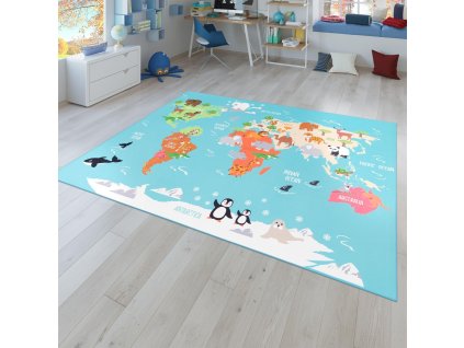 TTcarp world Dětský naučný koberec pro předškolní děti mapa světa se zvířaty 120 x 160 cm 1