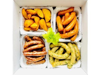 Boxík variace pikantních klobásek vepřových, kuřecích a hovězích chorizo s americkými brambory