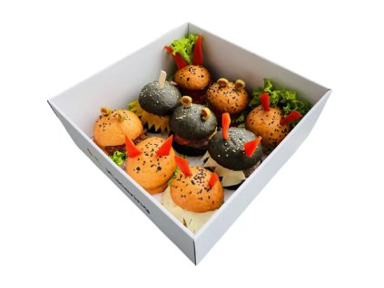 Boxík Čertovský mini burger na dětské oslavy vegetarián