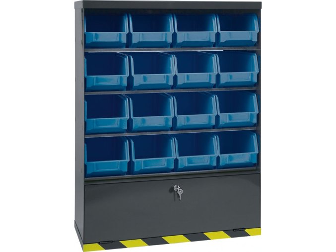 Závěsný regál s plastovými boxy BASIC a přihrádkou, 16 boxů