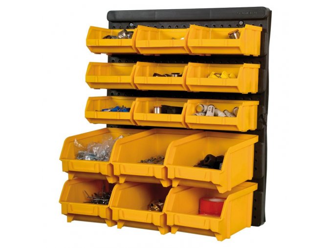 Černá plastová stěna na nářadí s boxy, 15 boxů