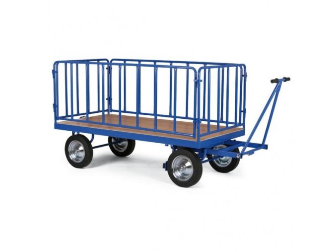 Plošinový vozík s ojí, mřížové bočnice, 1000x2000 mm, 600 kg, dušová kola