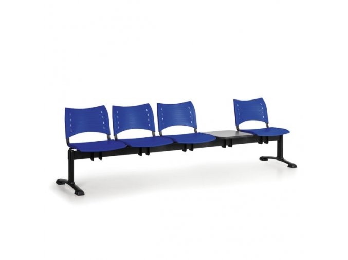 Plastová lavice do čekáren VISIO, 4-sedák, se stolkem, modrá, černé nohy