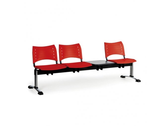 Plastová lavice do čekáren VISIO, 3-sedák, se stolkem, červená, chromované nohy