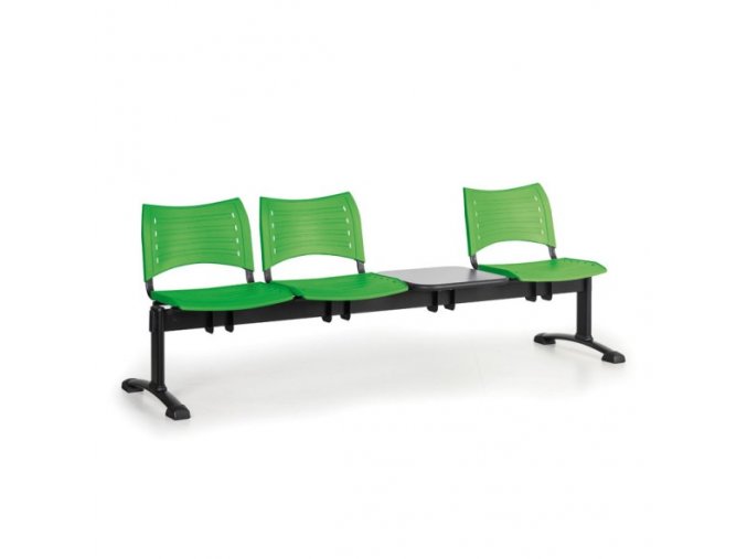 Plastová lavice do čekáren VISIO, 3-sedák, se stolkem, zelená, černé nohy