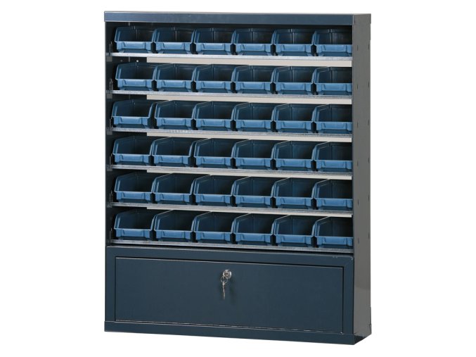 Závěsný regál s plastovými boxy BASIC a přihrádkou, 36 boxů