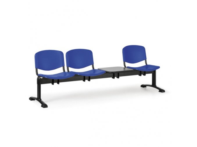 Plastová lavice do čekáren ISO, 3-sedák, se stolkem, modrá, černé nohy