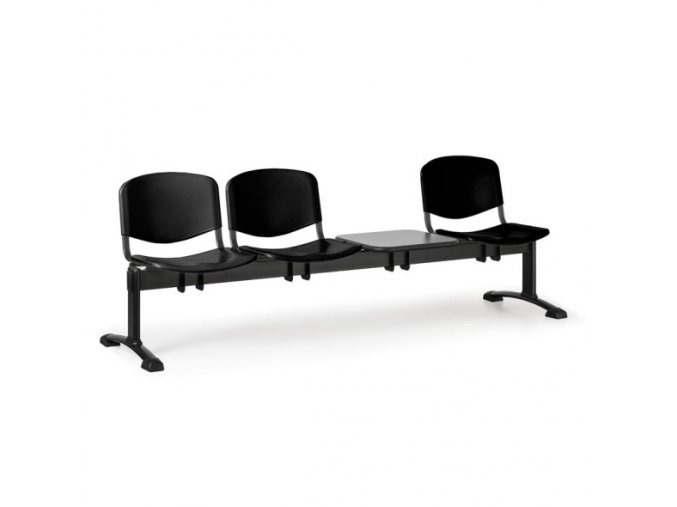 Plastová lavice do čekáren ISO, 3-sedák, se stolkem, černá, černé nohy