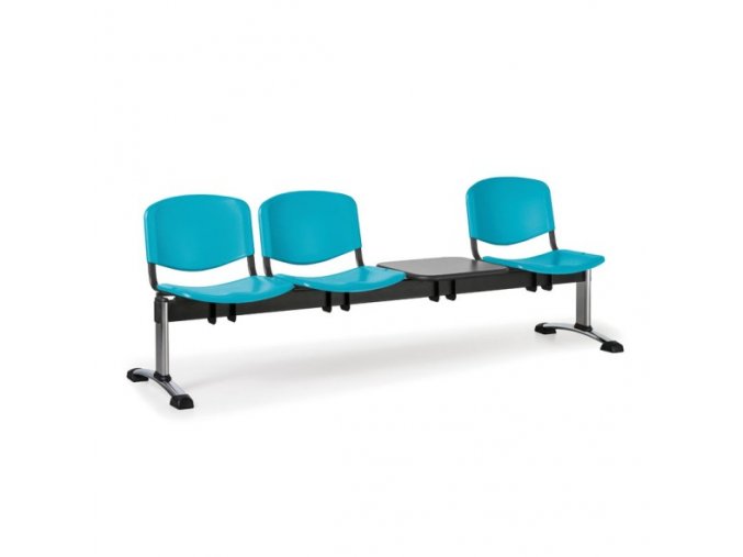 Plastová lavice do čekáren ISO, 3-sedák, se stolkem, zelená, chrom nohy