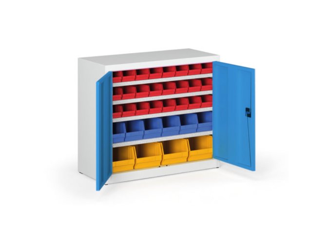 Skříň s plastovými boxy BASIC - 800 x 400 x 920 mm, 24xA/6xB/4xC, šedá/modré dveře