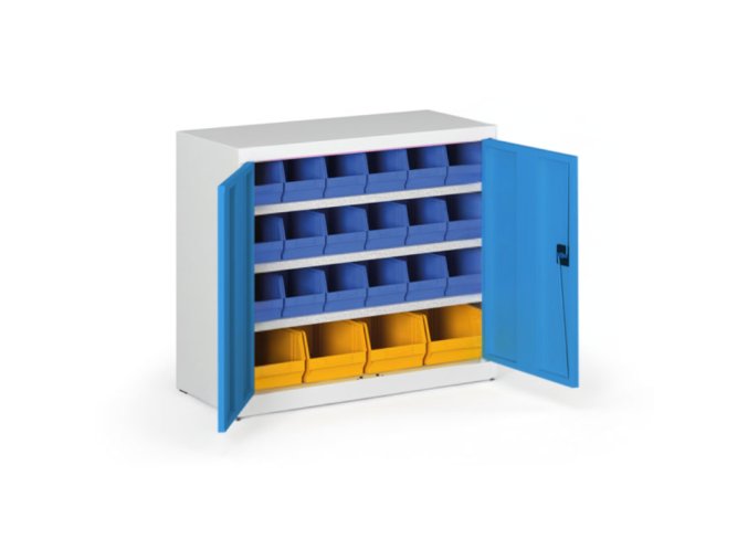Skříň s plastovými boxy BASIC - 800 x 400 x 920 mm, 18xB/4xC, šedá/modré dveře