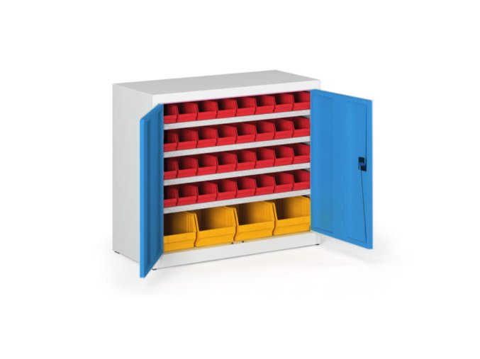Skříň s plastovými boxy BASIC - 800 x 400 x 920 mm, 32xA/4xC, šedá/modré dveře