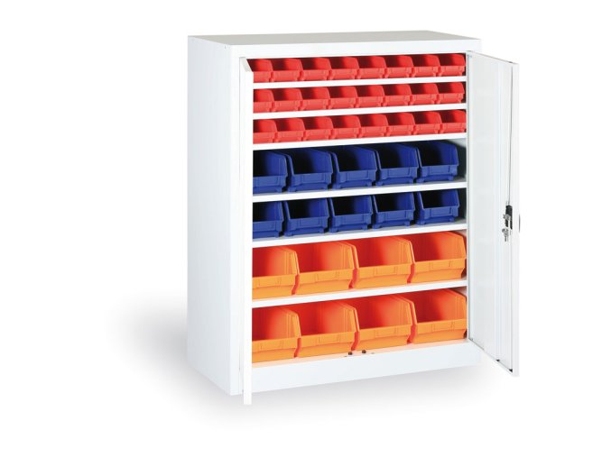 Skříň s plastovými boxy BASIC - 1150 x 400 x 920 mm, 16xA/12xB/8xC, šedá/modré dveře
