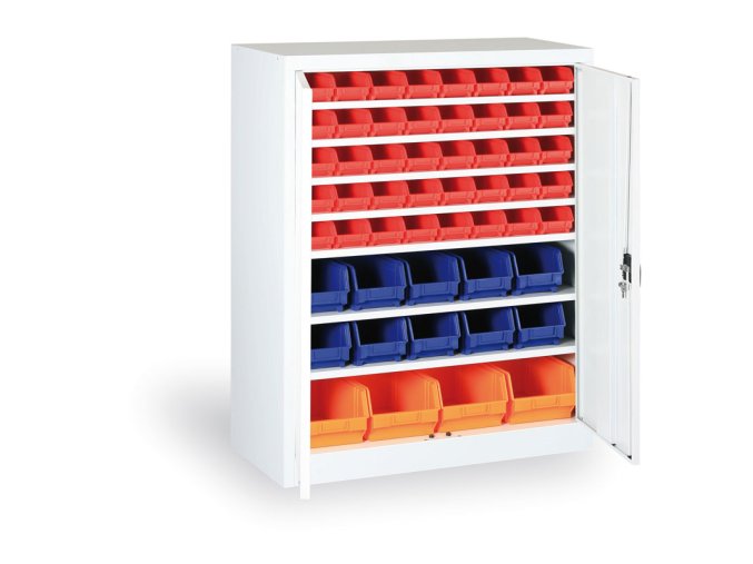 Skříň s plastovými boxy BASIC - 1150 x 400 x 920 mm, 32xA/12xB/4xC, šedá/modré dveře