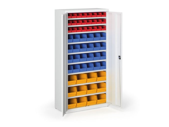 Skříň s plastovými boxy BASIC - 1800 x 400 x 920 mm, 24xA/24xB/12xC, šedá/šedé dveře