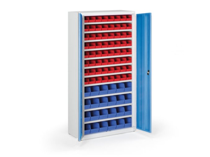 Skříň s plastovými boxy BASIC - 1800 x 400 x 920 mm, 64xA/24xB, šedá/modré dveře
