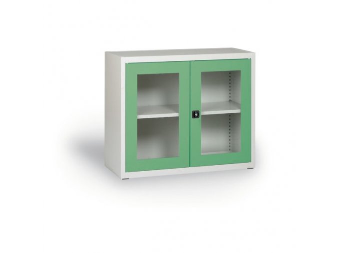 Dílenská policová skříň s prosklenými dveřmi, 800 x 920 x 400 mm, šedá/zelená