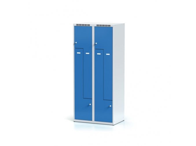 Kovová šatní skříňka Z, 4 oddíly, modré dveře, otočný zámek