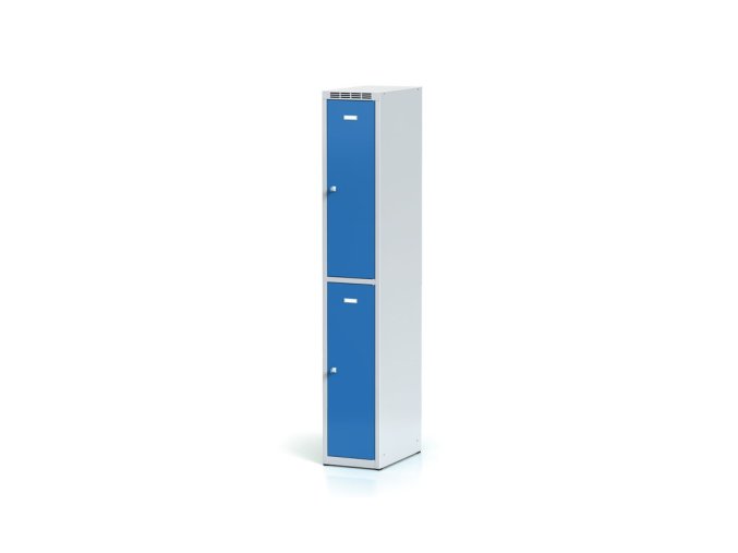 Kovová šatní skříňka s úložnými boxy, 2 boxy, 1800 x 300 x 500 mm, otočný zámek, modré dveře