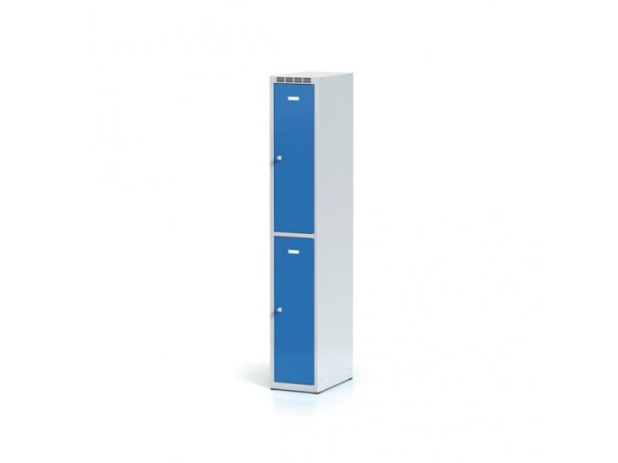 Kovová šatní skříňka s úložnými boxy, 2 boxy, modré dveře, cylindrický zámek