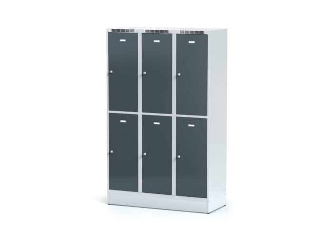 kovova satni skrinka s uloznymi boxy na soklu 6 boxu 1920 x 900 x 500 mm cylindricky zamek tmave sede dvere 12777