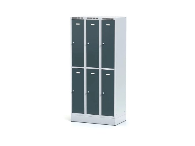 kovova satni skrinka s uloznymi boxy na soklu 6 boxu 1920 x 900 x 500 mm cylindricky zamek tmave sede dvere 126004