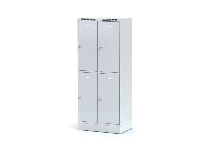 Šatní skříňka s úložnými boxy na soklu, 4 boxy, 1920 x 800 x 500 mm, cylindrický zámek, šedé dveře