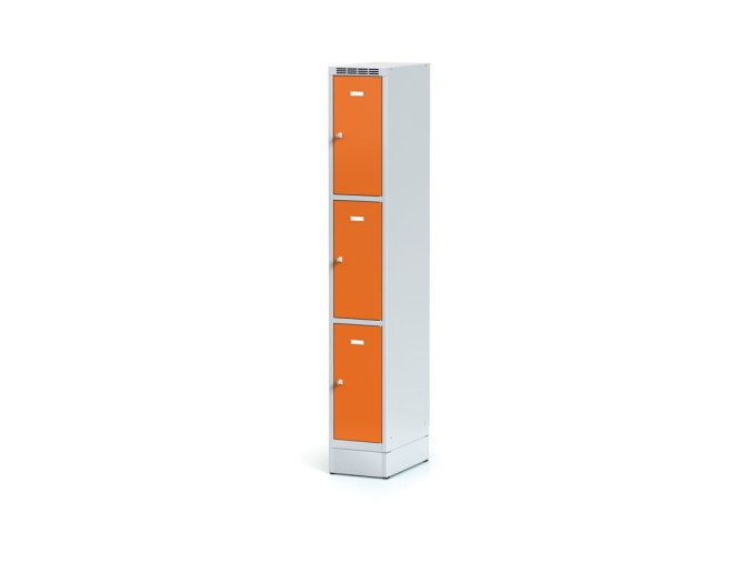 Šatní skříňka s úložnými boxy na soklu, 1920 x 300 x 500 mm, 3 boxy, cylindrický zámek, oranžové dveře