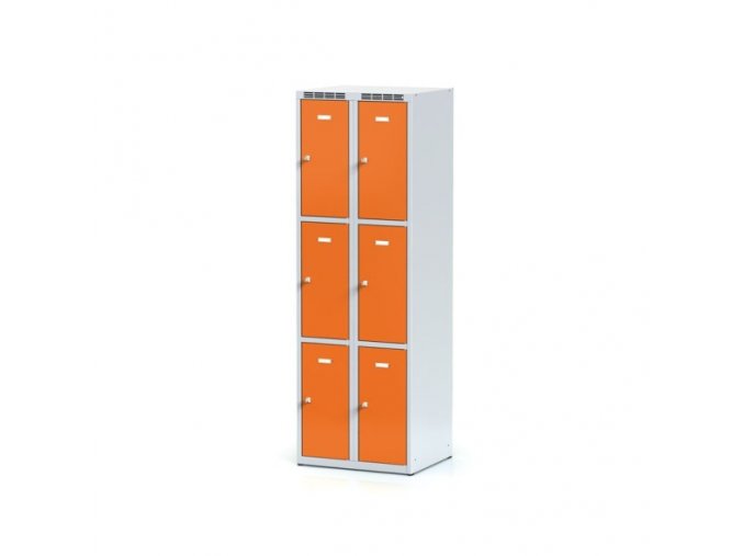 Plechová šatní skříňka s úložnými boxy, 6 boxů, oranžové dveře, otočný zámek