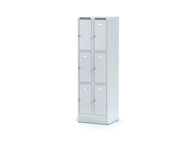Šatní skříňka s úložnými boxy na soklu, 6 boxů, 1920 x 600 x 500 mm, otočný zámek, šedé dveře