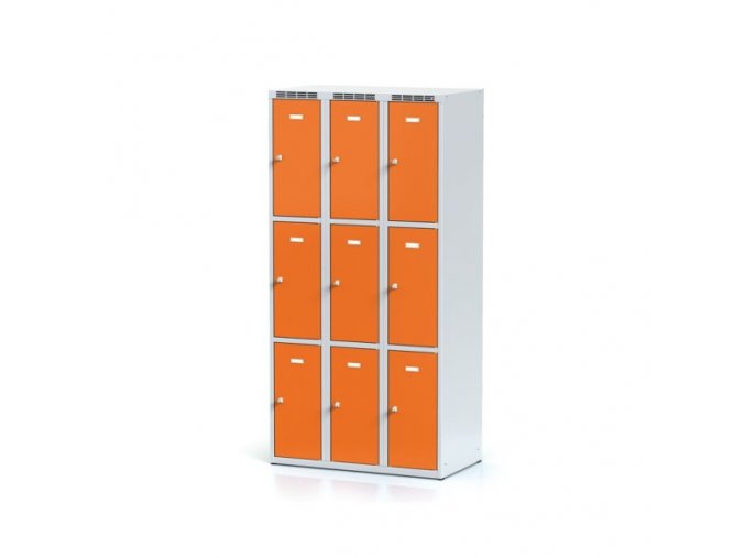 Šatní skříňka s úložnými boxy, 9 boxů, oranžové dveře, otočný zámek