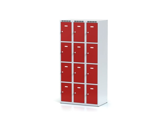 Šatní skříňka s úložnými boxy, 12 boxů, 1800 x 900 x 500 mm, cylindrický zámek, červené dveře