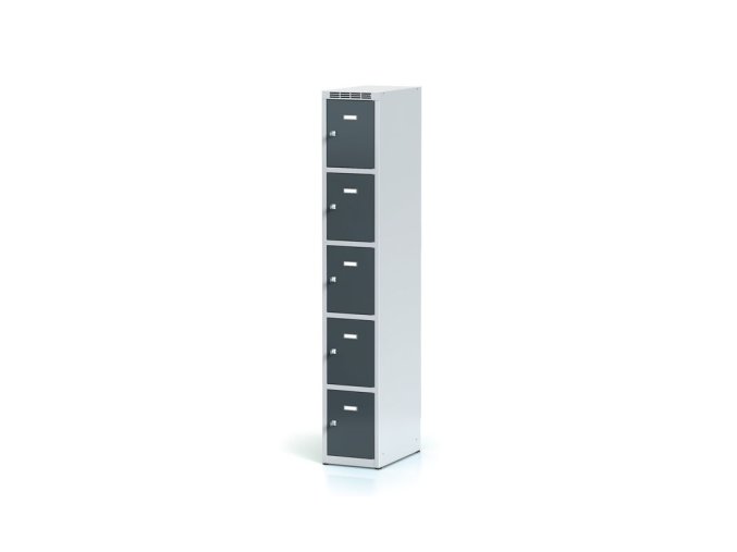 Šatní skříňka s úložnými boxy, 5 boxů, 1800 x 300 x 500 mm, otočný zámek, tmavě šedé dveře