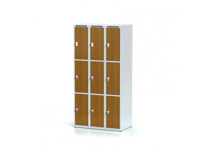 Šatní skříňka s úložnými boxy, 9 boxů 300 mm, laminované dveře třešeň, cylindrický zámek