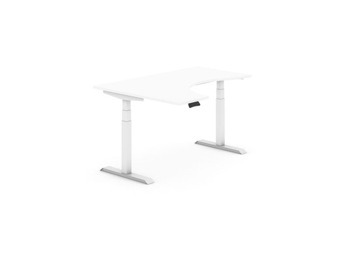 Výškově nastavitelný stůl, elektrický, 625-1275 mm, ergonomický levý, deska 1600x1200 mm, bílá, bílá podnož