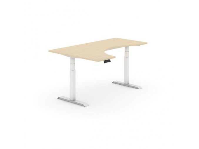 Výškově nastavitelný stůl, elektrický, 625-1275 mm, ergonomický levý, 1800x1200 mm, bříza, bílá podnož