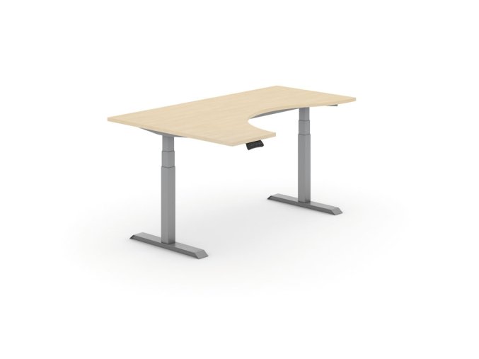 Výškově nastavitelný stůl PRIMO ADAPT, elektrický, 1800 x 1200 x 625-1275 mm, ergonomický levý, bříza, šedá podnož