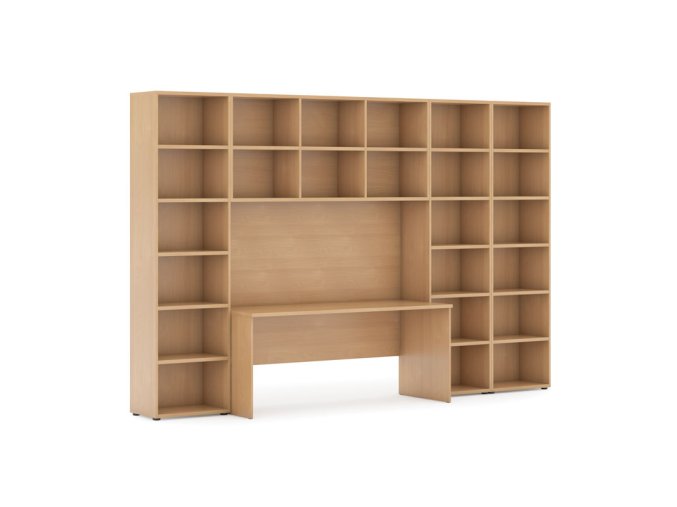 Sestavy knihoven INTEGRO se stolem, vyšší/širší, 3550 x 700/400 x 2300 mm, buk