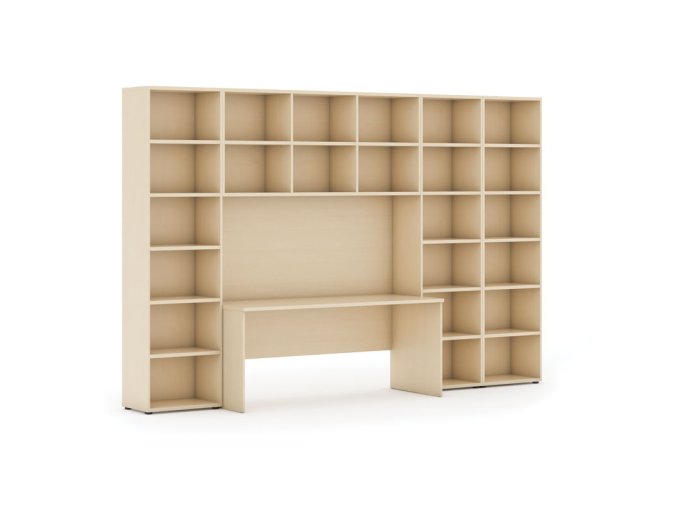 Sestavy knihoven INTEGRO se stolem, vyšší/širší, 3550 x 700/400 x 2300 mm, bříza