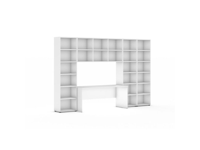 Sestavy knihoven s integrovaným stolem, vyšší/širší, 3550 x 700/400 x 2300 mm, bílá