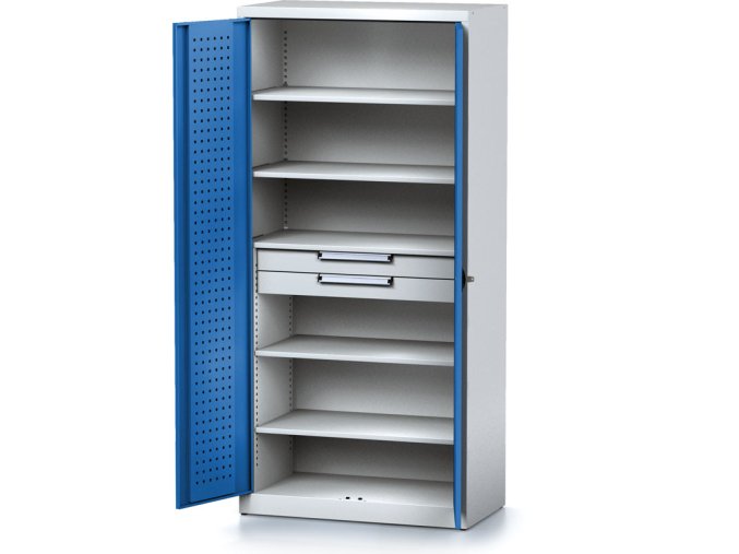 policova dilenska skrin 2 dverova mechanic 5 polic 2 zasuvky 920 x 500 x 1950 mm modre dvere 17177