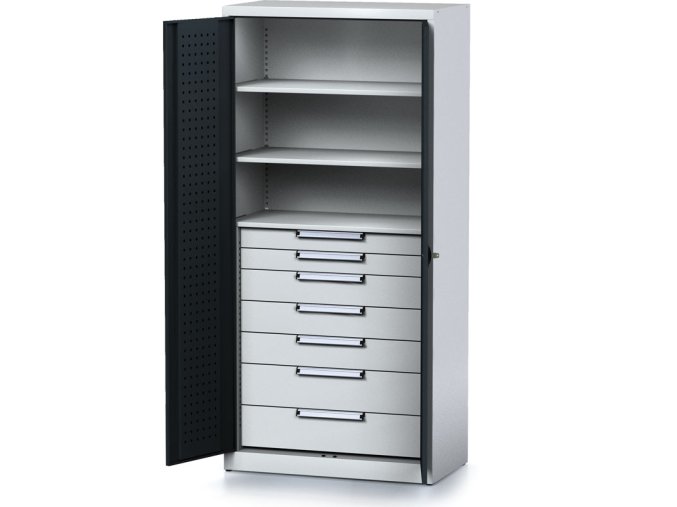 policova dilenska skrin 2 dverova mechanic 3 police 7 zasuvek 920 x 500 x 1950 mm antracitove dvere 17159