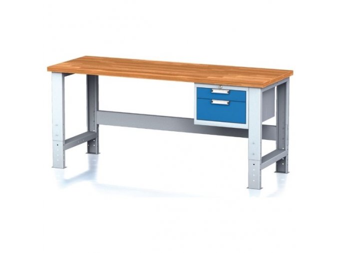 Nastavitelný dílenský stůl MECHANIC I ,závěsný box na nářadí, 2 zásuvky, 2000x700x700-1055 mm, modré dveře
