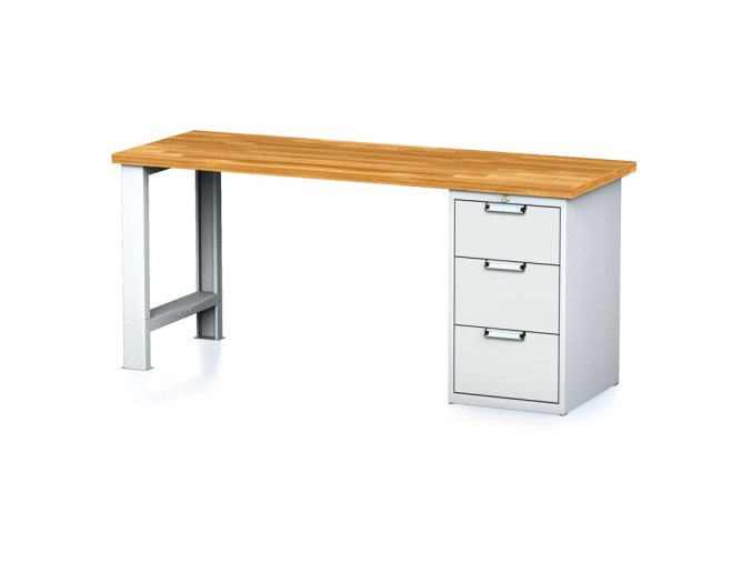 Dílenský pracovní stůl MECHANIC I, pevná noha + dílenský box na nářadí, 3 zásuvky, 2000 x 685 x 880 mm, šedé dveře