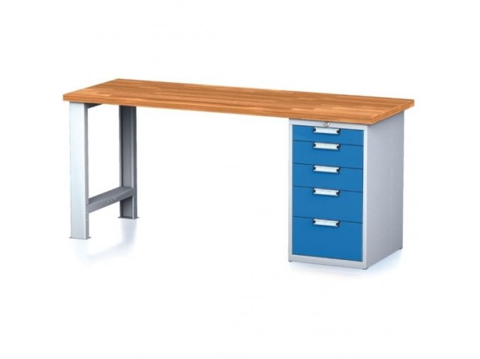 Dílenský pracovní stůl MECHANIC I, pevná noha + dílenský box na nářadí, 5 zásuvek, 2000 x 700 x 880 mm, modré dveře