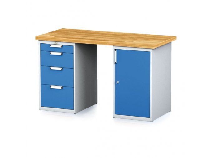 Dílenský stůl MECHANIC I se zásuvkovým boxem a skříňkou na nářadí místo nohou, 4 zásuvky, 1500 x 700 x 880 mm, modré dveře