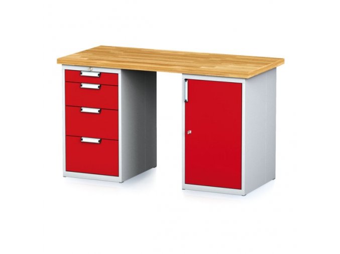 Dílenský stůl MECHANIC I se zásuvkovým boxem a skříňkou na nářadí místo nohou, 4 zásuvky, 1500 x 700 x 880 mm, červené dveře