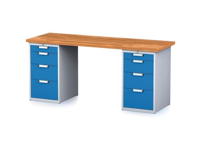 dilensky stul mechanic i se 2 zasuvkovymi dilenskymi boxy na naradi misto nohou 8 zasuvek 2000 x 685 x 880 mm modre dvere 23353