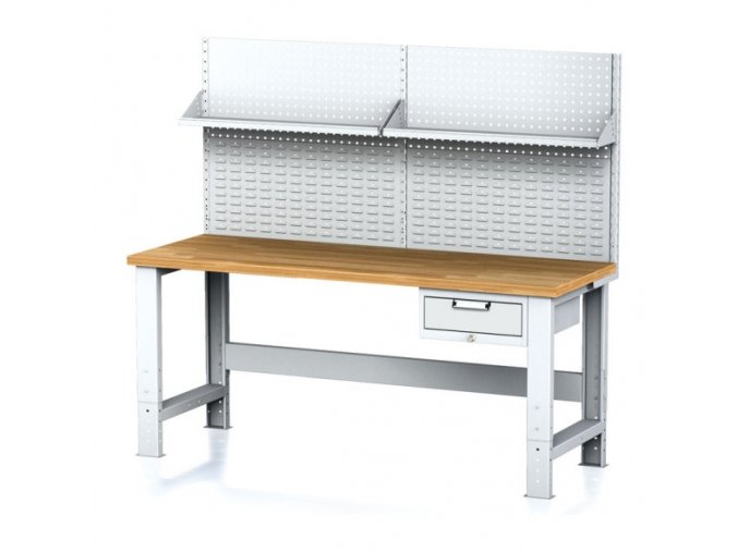 Nastavitelný dílenský stůl MECHANIC I , závěsný box na nářadí, nástavba, police, 1 zásuvka, 2000x700x700-1055 mm, šedé