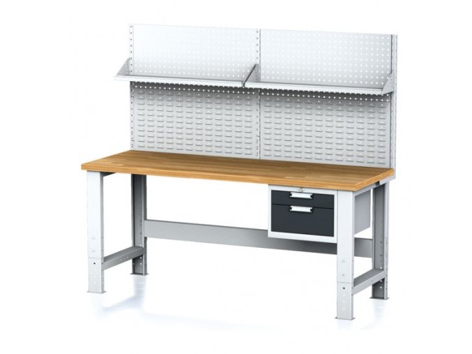 Nastavitelný dílenský stůl MECHANIC I , závěsný box na nářadí, nástavba, police, 2 zásuvky, 2000x700x700-1055 mm, antracit